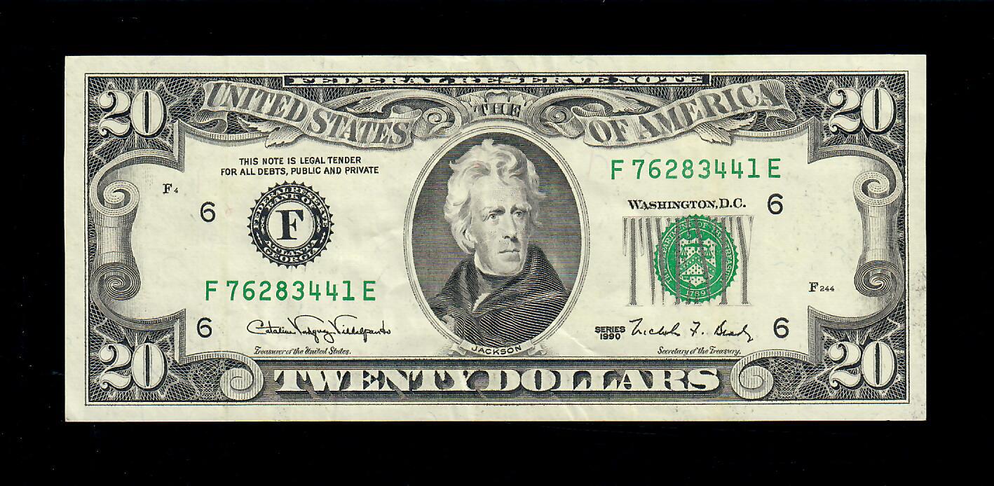 1990 $20 Federal Reserve Atlanta Insufficient Ink Error UNC