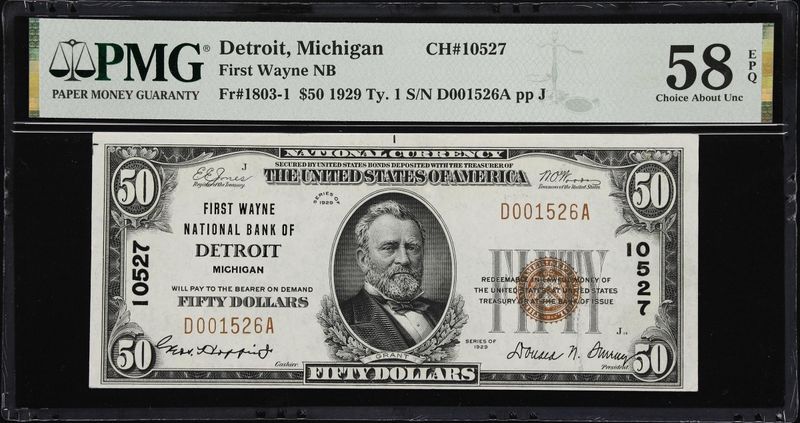 1929 $50 The First Wayne National Bank of Detroit, MI CH # 10527 PMG58 EPQ 1929 $50 The First Wayne National Bank of Detroit, MI CH # 10527 PMG58 EPQ