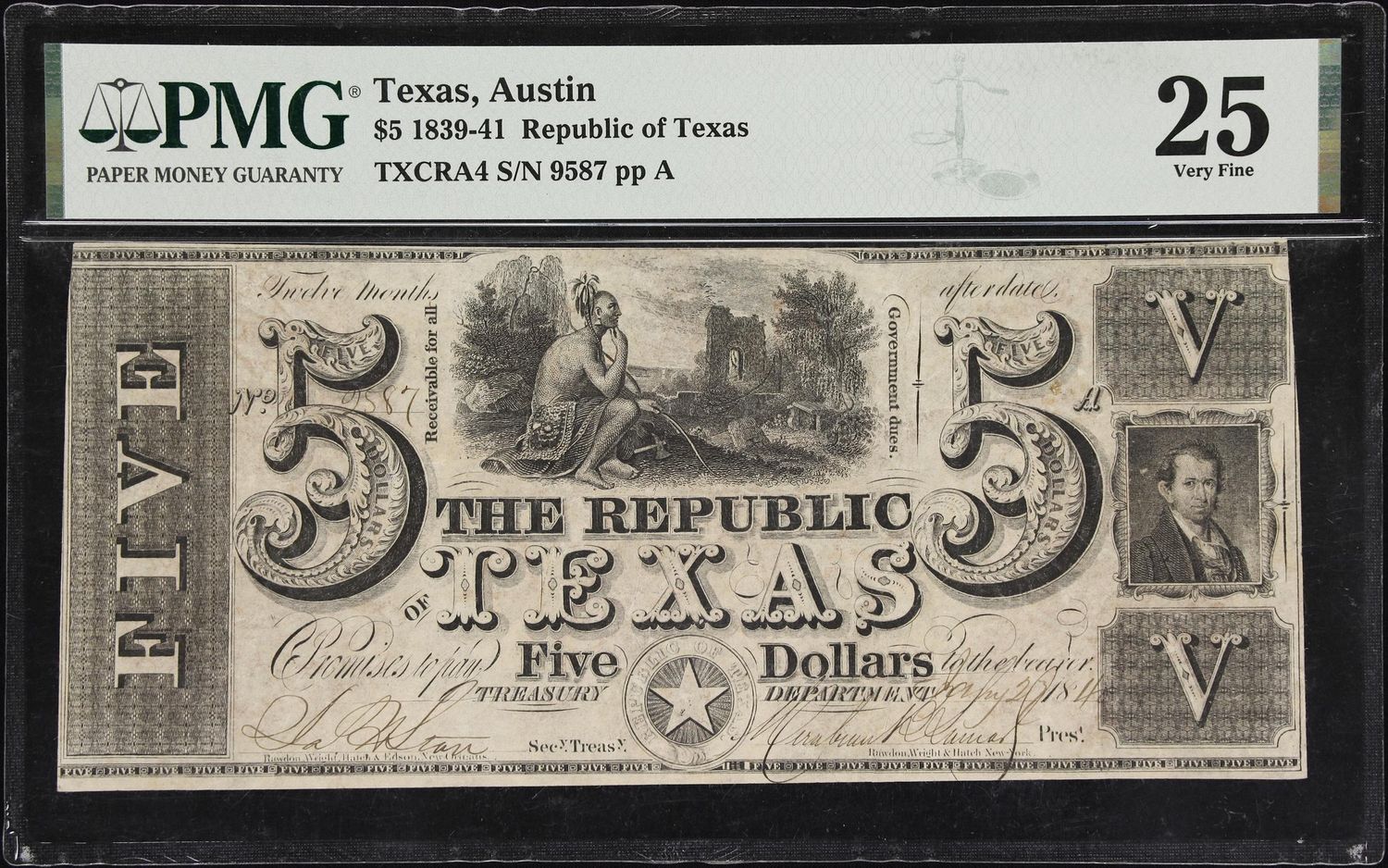 1839-41 $5 Republic of Texas, Austin PMG 25 Very Fine