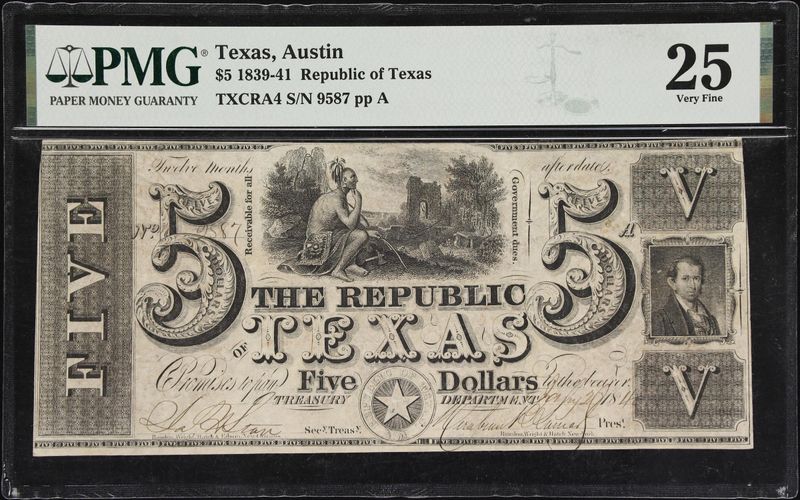 1839-41 $5 Republic of Texas, Austin PMG 25 Very Fine