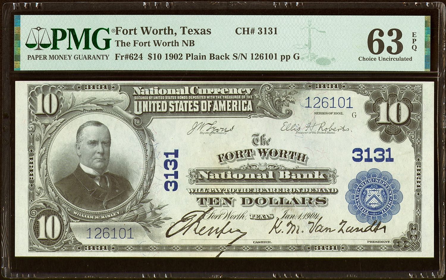 $10 1902 Plain Back the Fort Worth National Bank Fort Worth, Tx PMG 63 EPQ