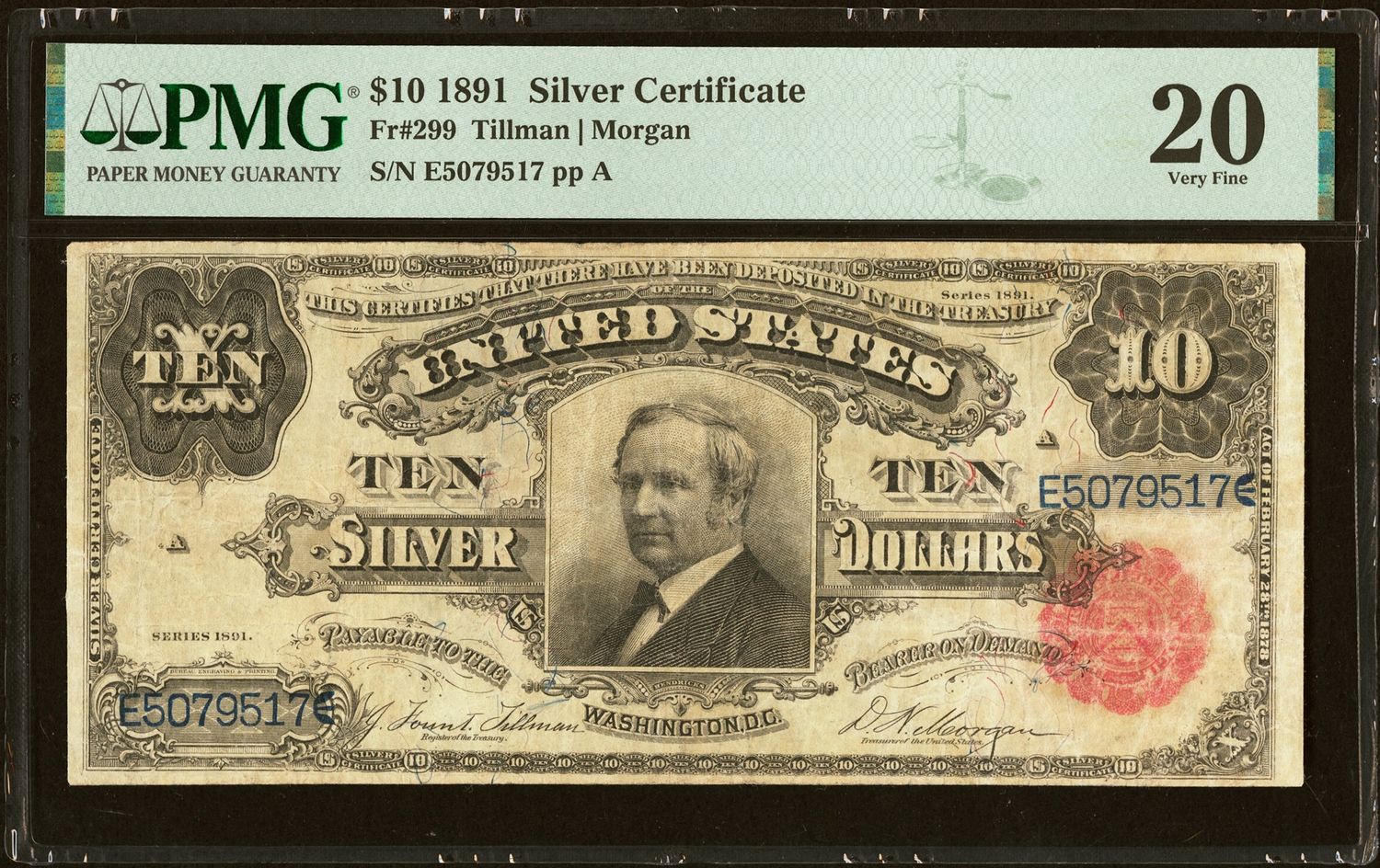 1908 $10 Silver Certificate Tombstone Note Fr.299 PMG 20 VF 1908 $10 Silver Certificate Tombstone Note Fr.299 PMG 20 VF