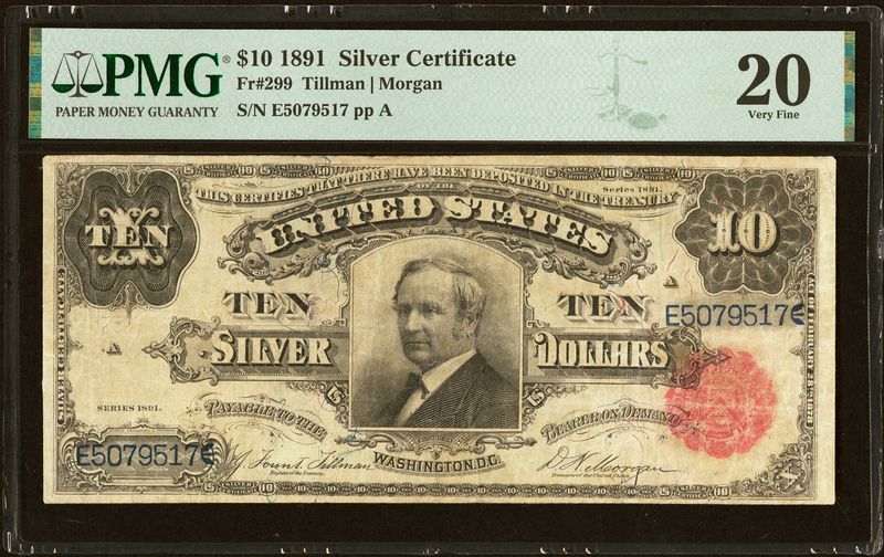 1908 $10 Silver Certificate Tombstone Note Fr.299 PMG 20 VF 1908 $10 Silver Certificate Tombstone Note Fr.299 PMG 20 VF