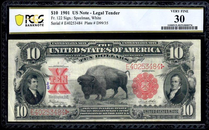1901 $10 Legal Tender Bison Note FR 122 PCGS 30 Very Fine