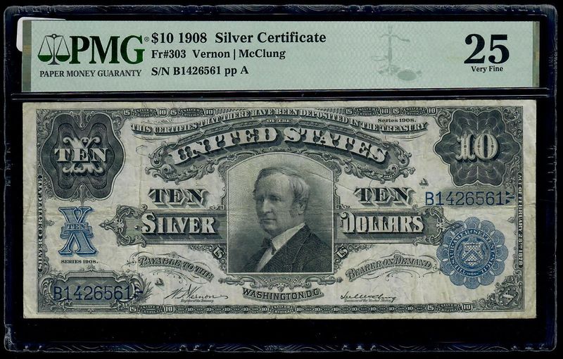 1908 $10 Silver Certificate Tombstone Note Fr.303 PMG 25 VF 1908 $10 Silver Certificate Tombstone Note Fr.303 PMG 25 VF