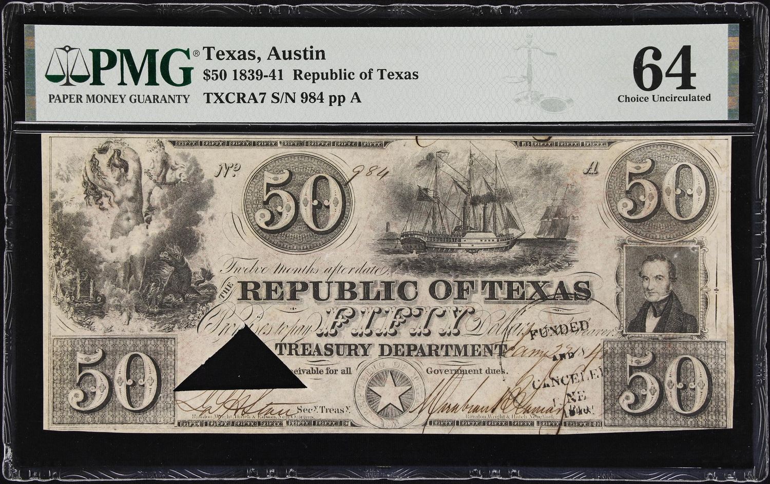 1839-41 $50 Republic of Texas, Austin PMG 64 UNC