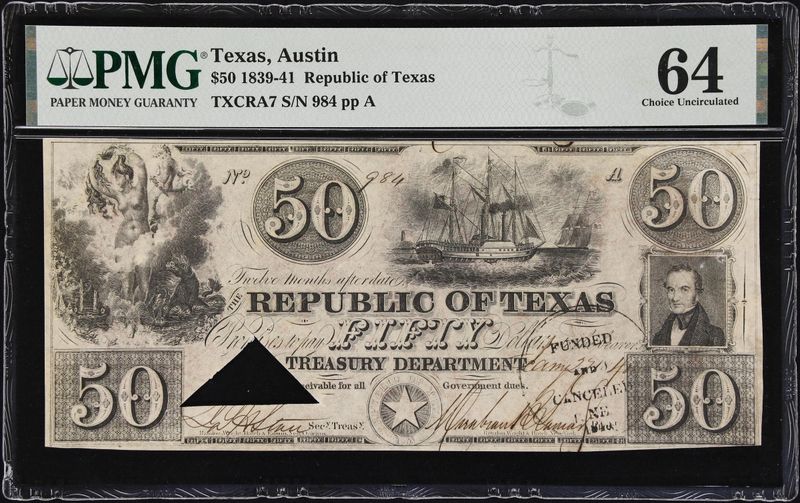 1839-41 $50 Republic of Texas, Austin PMG 64 UNC