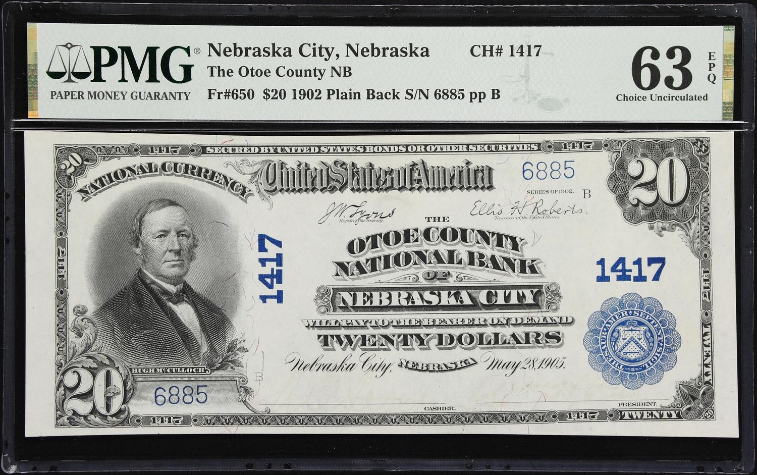 $20 1902 Plain Back Fr. 650 NB. Charter #1417 Nebraska City, NE PMG 63 EPQ $20 1902 Plain Back Fr. 650 NB. Charter #1417 Nebraska City, NE PMG 63 EPQ