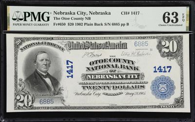 $20 1902 Plain Back Fr. 650 NB. Charter #1417 Nebraska City, NE PMG 63 EPQ $20 1902 Plain Back Fr. 650 NB. Charter #1417 Nebraska City, NE PMG 63 EPQ