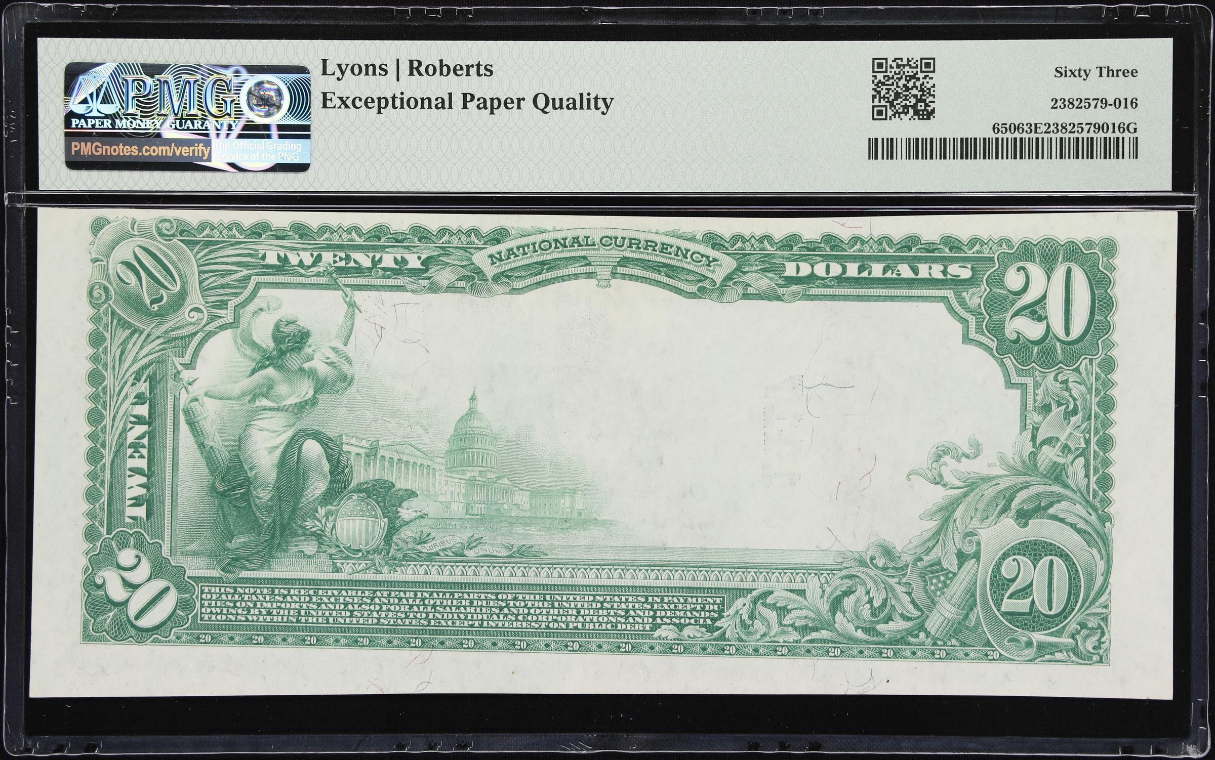 $20 1902 Plain Back Fr. 650 NB. Charter #1417 Nebraska City, NE PMG 63 EPQ