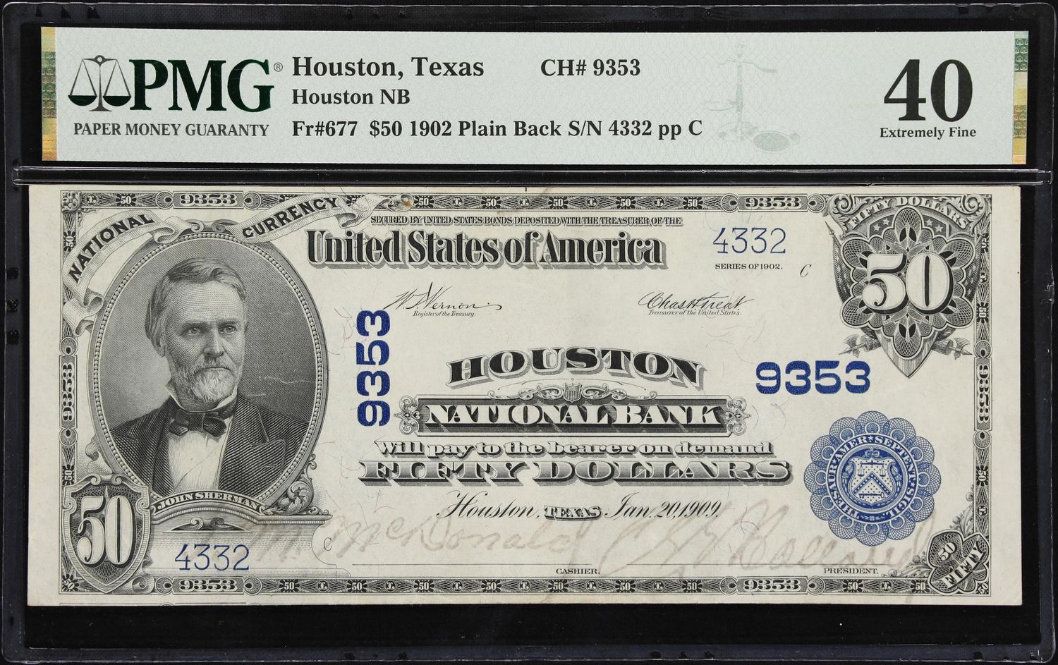 $20 1902 Plain Back Fr. 677 National Bank Houston, TX .Charter #9353 PMG 40 $20 1902 Plain Back Fr. 677 National Bank Houston, TX .Charter #9353 PMG 40