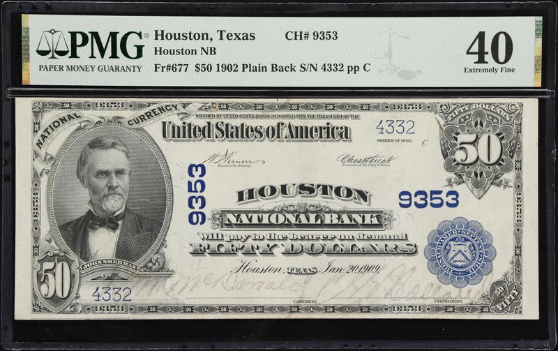 $20 1902 Plain Back Fr. 677 National Bank Houston, TX .Charter #9353 PMG 40 $20 1902 Plain Back Fr. 677 National Bank Houston, TX .Charter #9353 PMG 40
