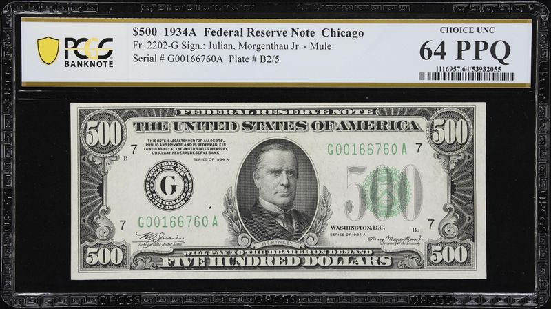 Fr. 2202-G. 1934A $500 Federal Reserve Note. Mule. Chicago. PCGS 64 PPQ UNC Fr. 2202-G. 1934A $500 Federal Reserve Note. Mule. Chicago. PCGS 64 PPQ UNC
