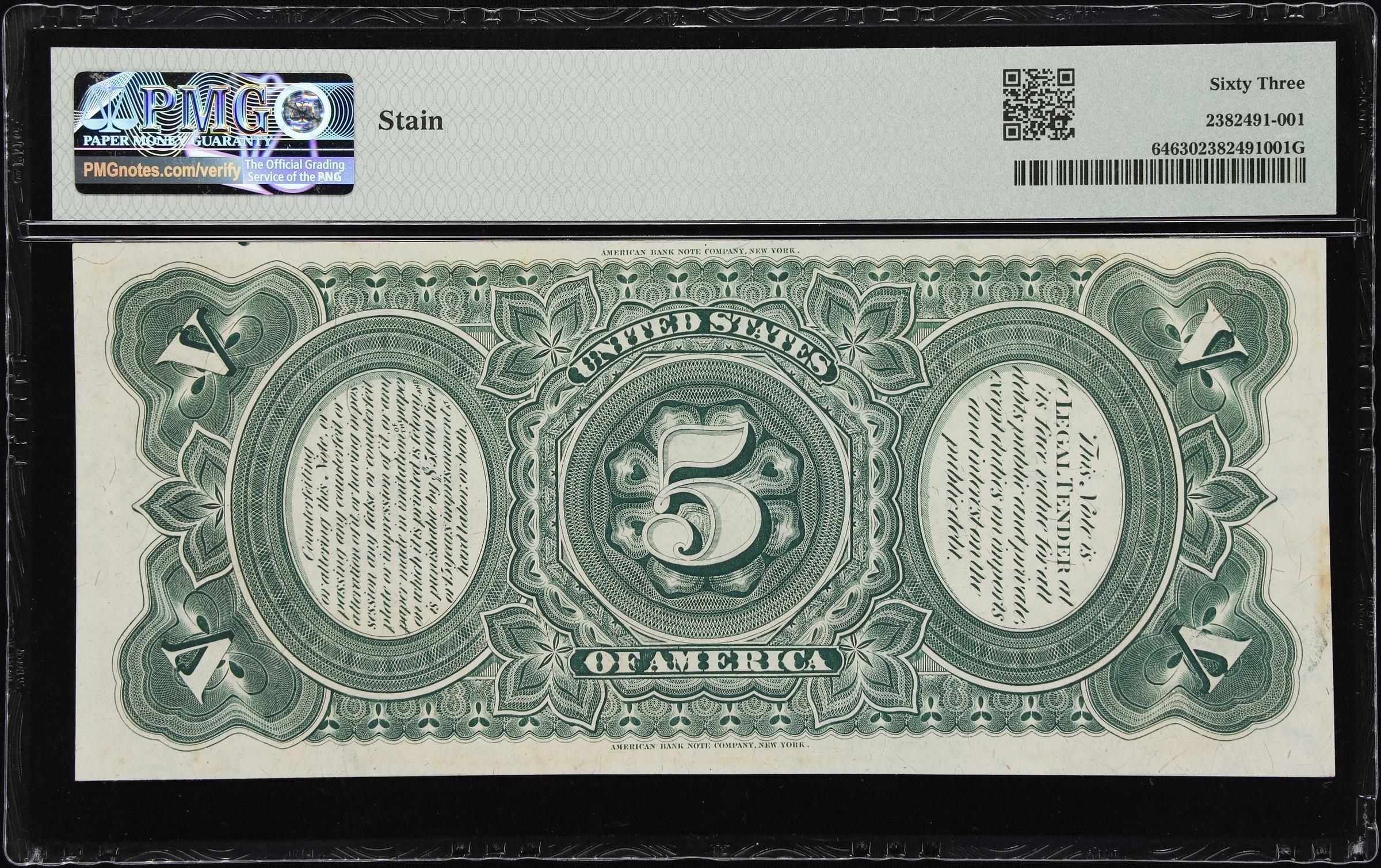 1869 $5 Legal Tender  Rainbow Woodchopper UNC- PMG 63