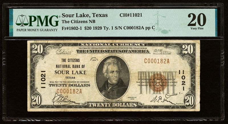 $20 1929 The Citizens National Bank of Sour Lake, Texas PMG 20 $20 1929 The Citizens National Bank of Sour Lake, Texas PMG 20