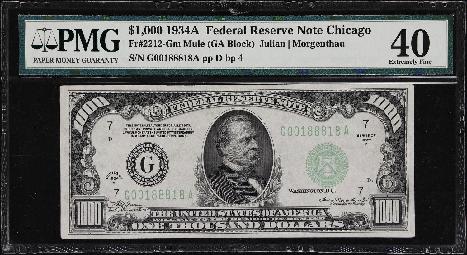 FR.#2212-Gm $1000 1934-A Federal Reserve Note CHICAGO, PMG 40 FR.#2212-Gm $1000 1934-A Federal Reserve Note CHICAGO, PMG 40
