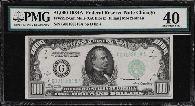 FR.#2212-Gm $1000 1934-A Federal Reserve Note CHICAGO, PMG 40 FR.#2212-Gm $1000 1934-A Federal Reserve Note CHICAGO, PMG 40
