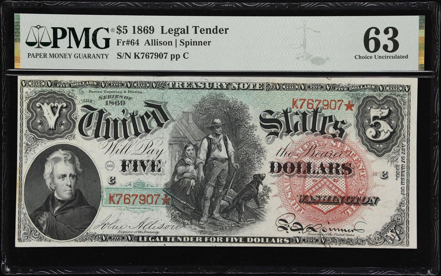 1869 $5 Legal Tender Rainbow Woodchopper UNC- PMG 63 1869 $5 Legal Tender Rainbow Woodchopper UNC- PMG 63