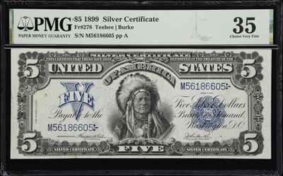 1899 $5 Silver Certificate Chief FR. 278 PMG 35 Very Fine