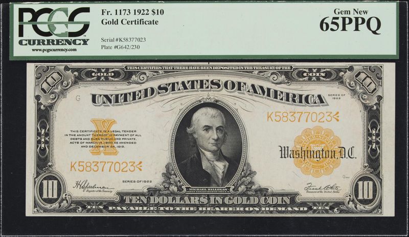 $10 1922 Gold Certificate, Fr # 1173 Uncirculated PCGS 65 PPQ $10 1922 Gold Certificate, Fr # 1173 Uncirculated PCGS 65 PPQ