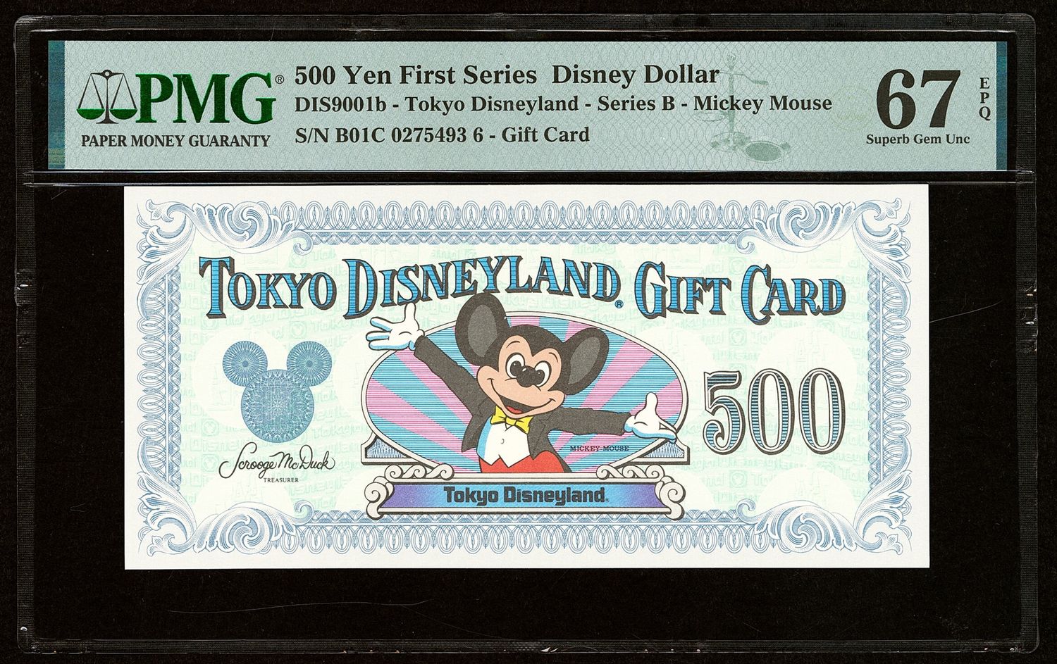 500 Yen Tokyo Disneyland Japan, First Series B, Disney Dollar PMG 67 EPQ
