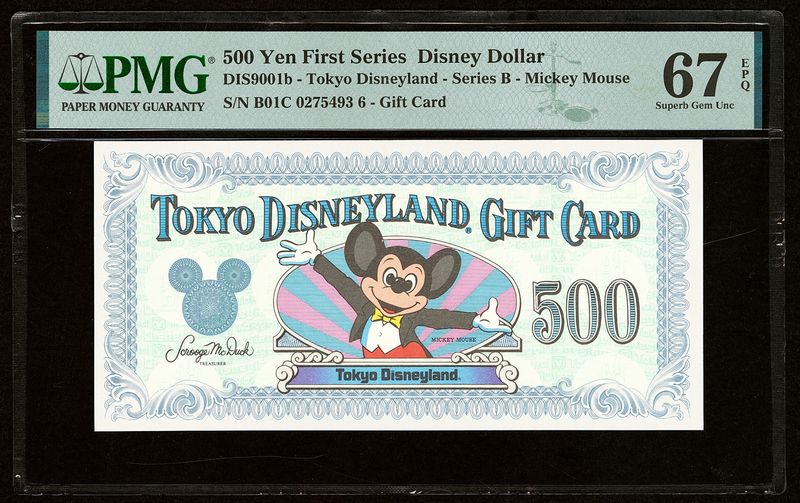500 Yen Tokyo Disneyland Japan, First Series B, Disney Dollar PMG 67 EPQ