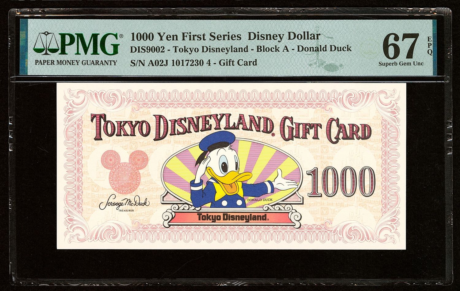 1000 Yen Tokyo Disneyland Japan, First Series , Disney Dollar PMG 67 EPQ