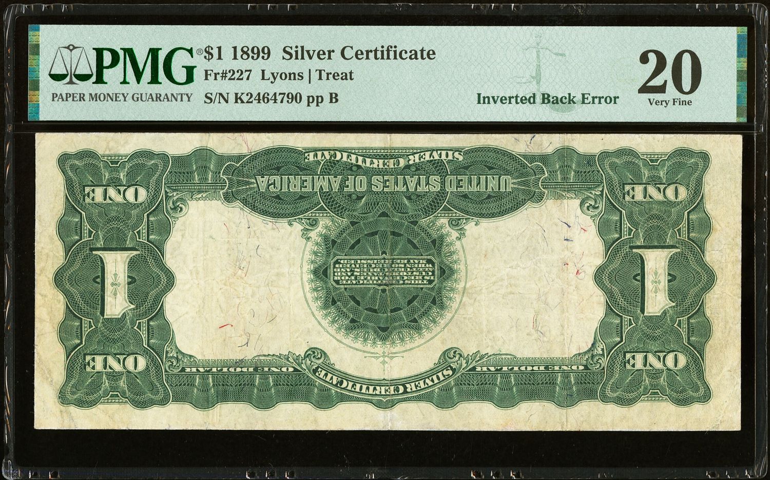 Inverted Back Error 1899 $1 Black Eagle Silver Cert PMG 20 FR 227 Inverted Back Error 1899 $1 Black Eagle Silver Cert PMG 20 FR 227