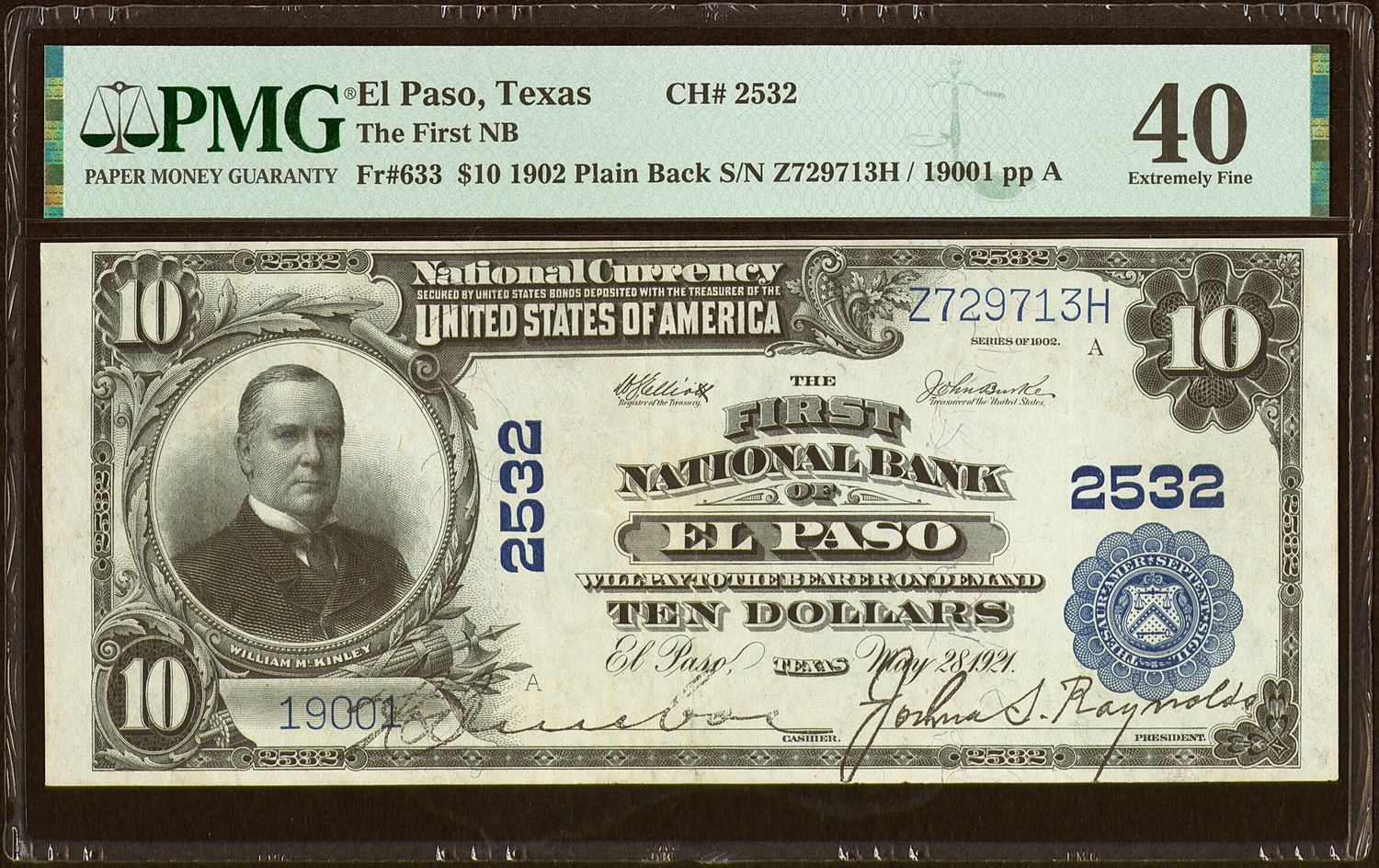 $10 1902 The First National Bank Ch. # 2532 El Paso, TX PMG 40 Extremely Fine $10 1902 The First National Bank Ch. # 2532 El Paso, TX PMG 40 Extremely Fine
