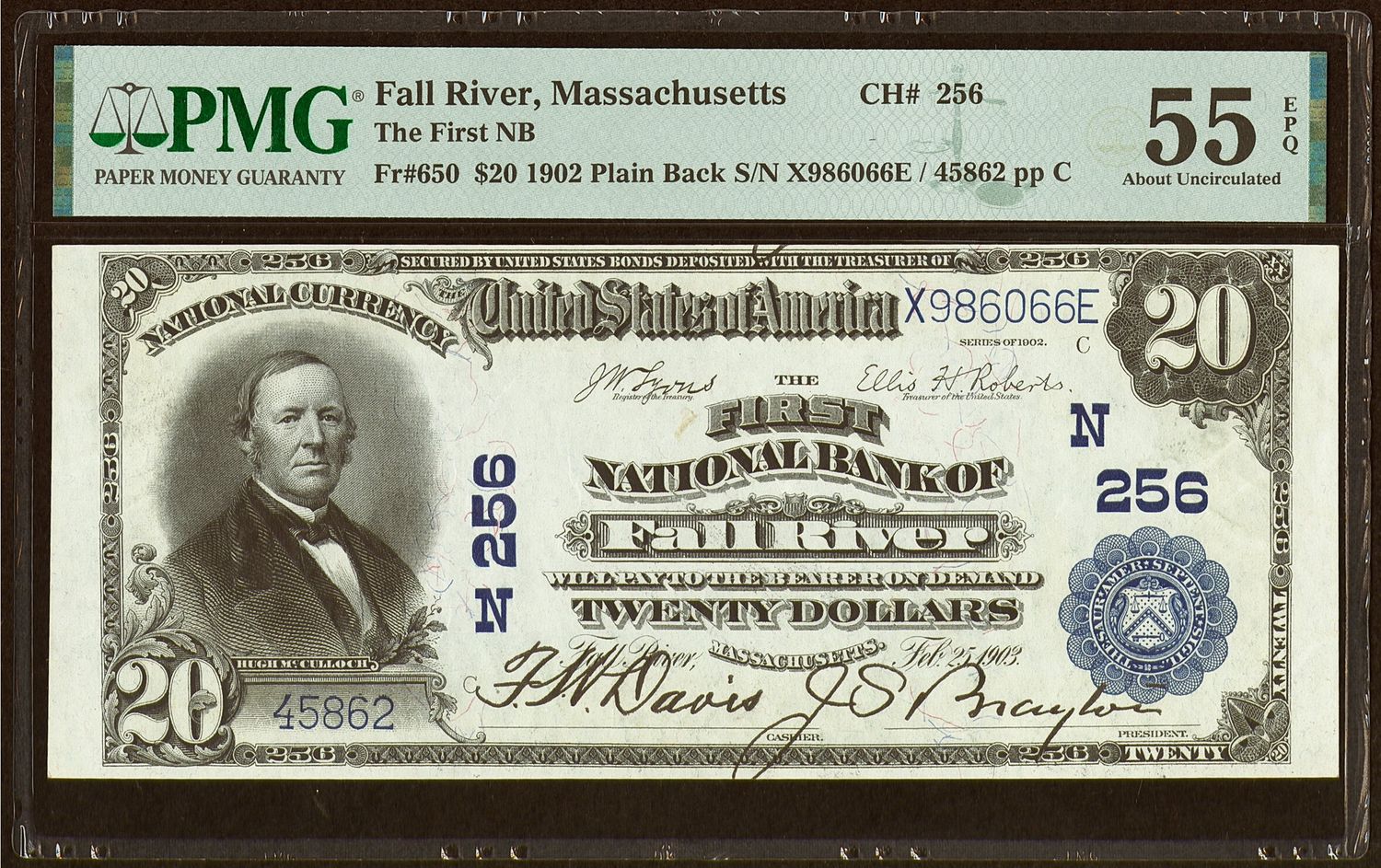 $20 1902 The First National Bank Fall River , MA Ch. # (N)256 PMG 55 EPQ $20 1902 The First National Bank Fall River , MA Ch. # (N)256 PMG 55 EPQ