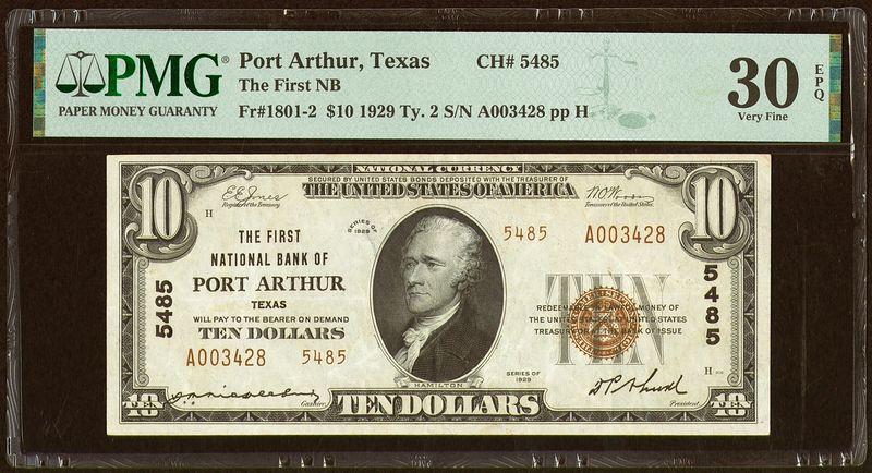 $10 1929 the First National Bank of Port Arthur ,Tx Ch. # 5485 PMG 30 EPQ $10 1929 the First National Bank of Port Arthur ,Tx Ch. # 5485 PMG 30 EPQ
