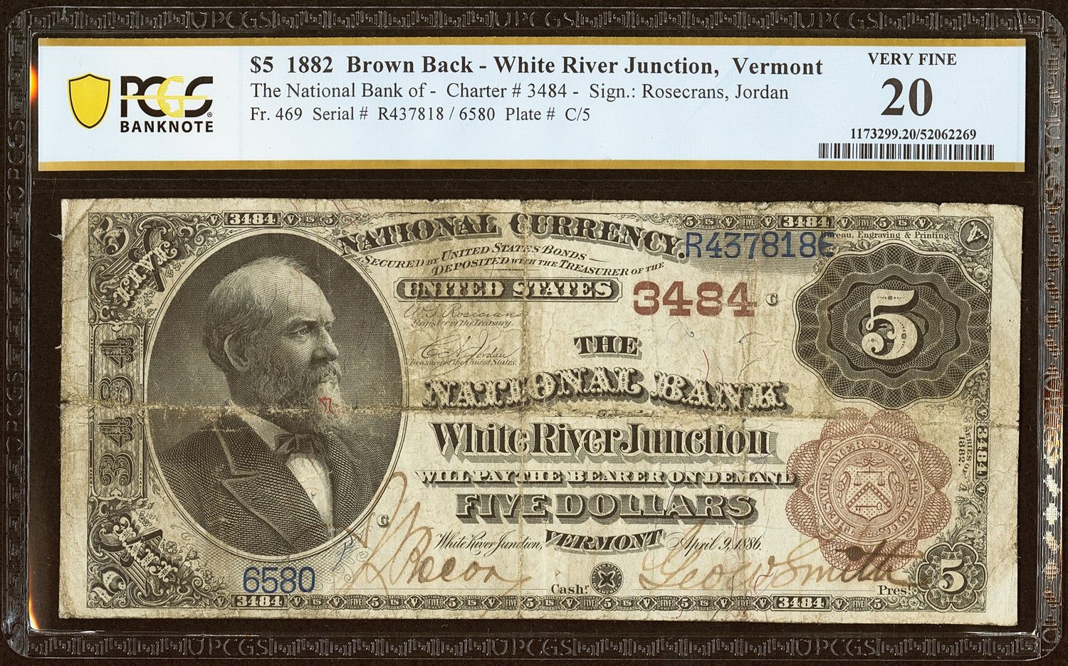 $5 1882 The National Bank of White River Junction , VT -Brown Back PCGS 20 VF $5 1882 The National Bank of White River Junction , VT -Brown Back PCGS 20 VF