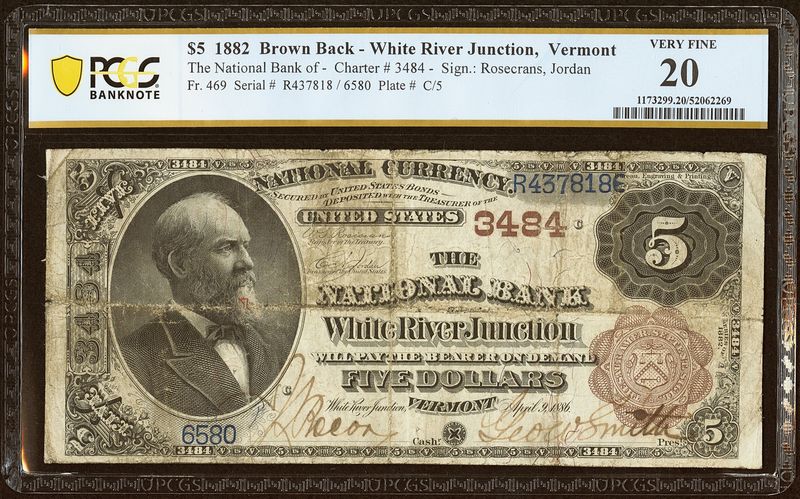 $5 1882 The National Bank of White River Junction , VT -Brown Back PCGS 20 VF $5 1882 The National Bank of White River Junction , VT -Brown Back PCGS 20 VF