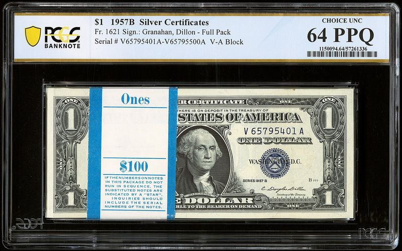 1957 $1 Silver Certificate Original BEP Pack of 100 Sequential PCGS 64 PPQ UNC 1957 $1 Silver Certificate Original BEP Pack of 100 Sequential PCGS 64 PPQ UNC