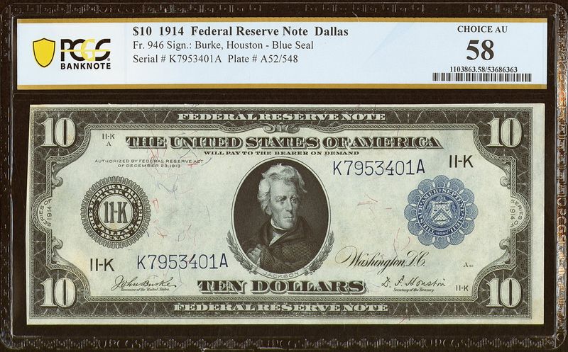 1914 $10 Federal Reserve Note Fr. 946 Dallas, TX PCGS 58 AU 1914 $10 Federal Reserve Note Fr. 946 Dallas, TX PCGS 58 AU
