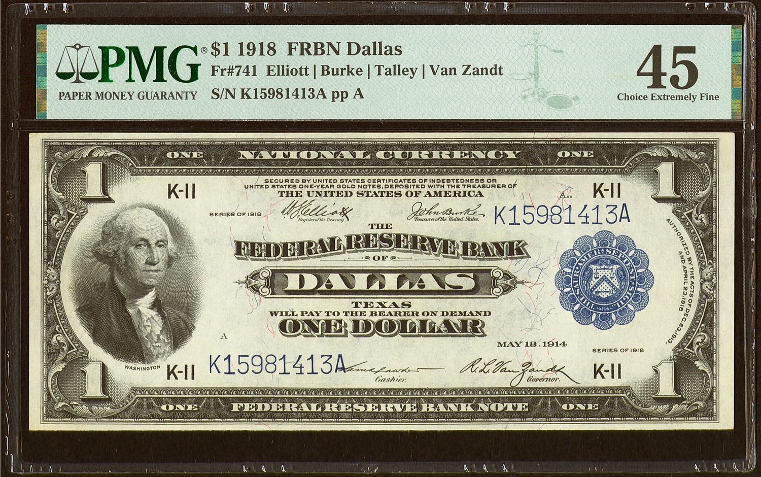 1918 $1 Federal Reserve Bank Note Fr-741 Dallas , TX PMG 45 XF 1918 $1 Federal Reserve Bank Note Fr-741 Dallas , TX PMG 45 XF