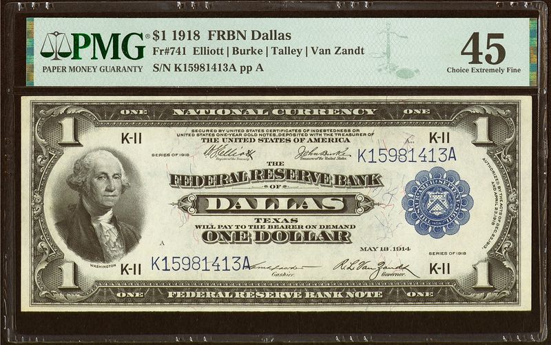 1918 $1 Federal Reserve Bank Note Fr-741 Dallas , TX PMG 45 XF 1918 $1 Federal Reserve Bank Note Fr-741 Dallas , TX PMG 45 XF