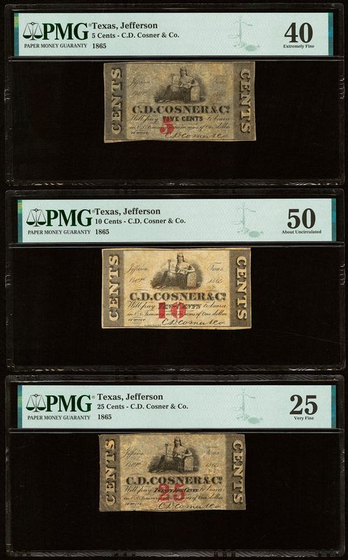 1865 Medlar UNL Jefferson, TX- C.D. Cosner & Co. Oct. 5,10,25 Cent PMG