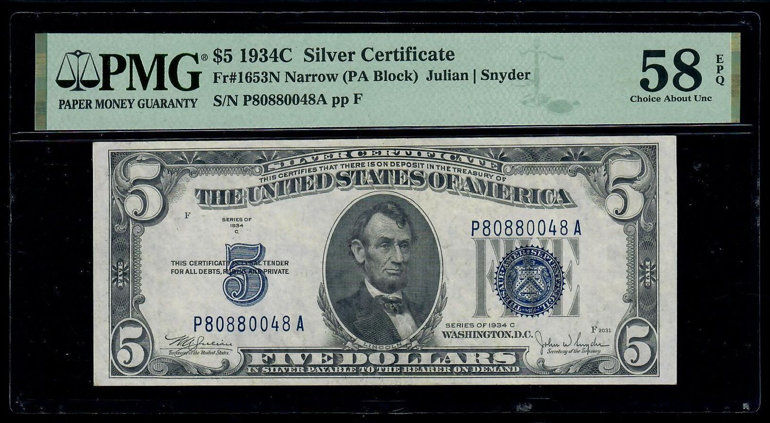 1934C $5 Silver Certificate Fr. 1653N Narrow ( PA Block ) PMG 58 EPQ AU 1934C $5 Silver Certificate Fr. 1653N Narrow ( PA Block ) PMG 58 EPQ AU