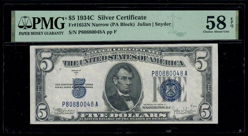 1934C $5 Silver Certificate Fr. 1653N Narrow ( PA Block ) PMG 58 EPQ AU 1934C $5 Silver Certificate Fr. 1653N Narrow ( PA Block ) PMG 58 EPQ AU