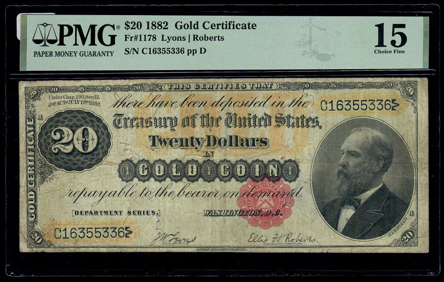 1882 $20 Gold Certificate Fr. 1178 Lyons/Roberts PMG 15 VF 1882 $20 Gold Certificate Fr. 1178 Lyons/Roberts PMG 15 VF