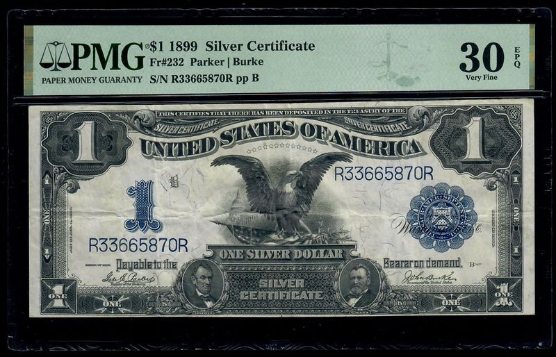 1899 $1 Silver Certificate Black Eagle Fr#232 Parker / Burke PMG 30 EPQ 1899 $1 Silver Certificate Black Eagle Fr#232 Parker / Burke PMG 30 EPQ