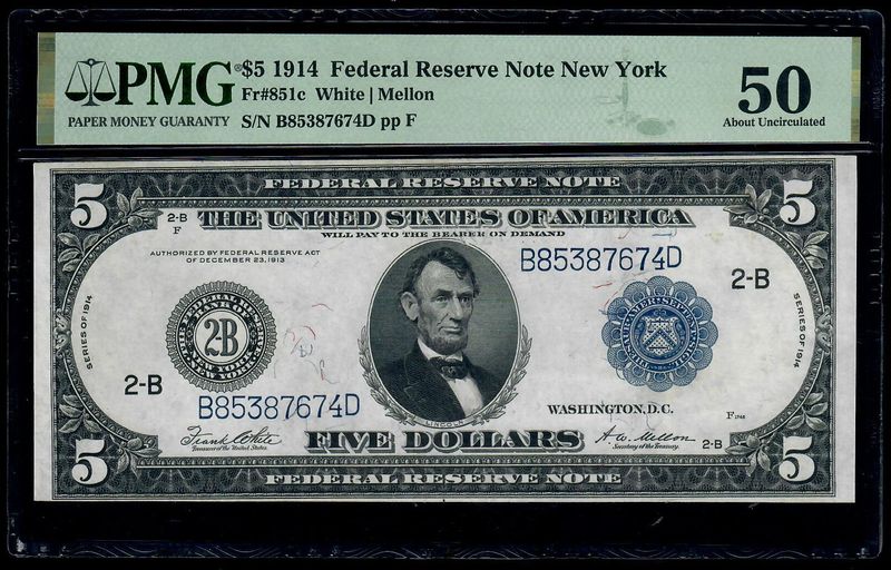 $5 1914 Federal Reserve New York Note Fr.851c About UNC PMG 50 $5 1914 Federal Reserve New York Note Fr.851c About UNC PMG 50