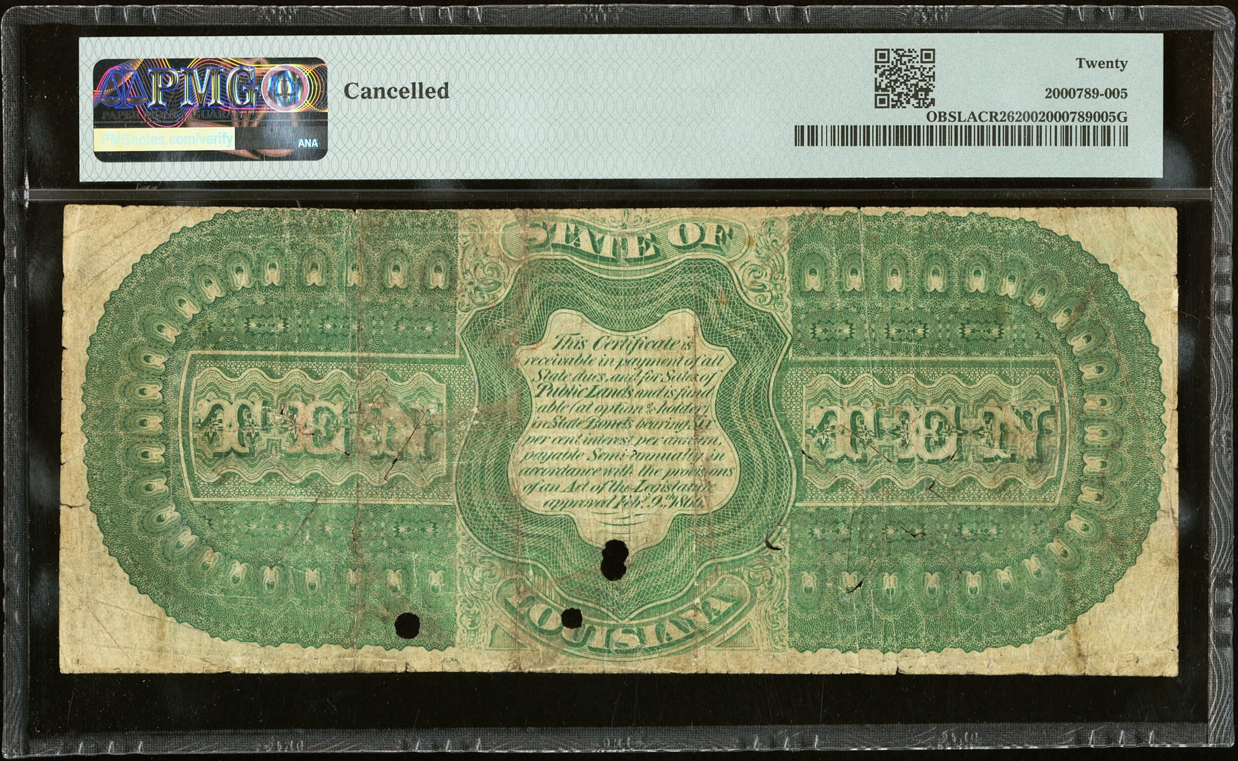 $20 1866 State of Louisiana, Louisiana, New Orleans Ornate Green Obsolete PMG 20
