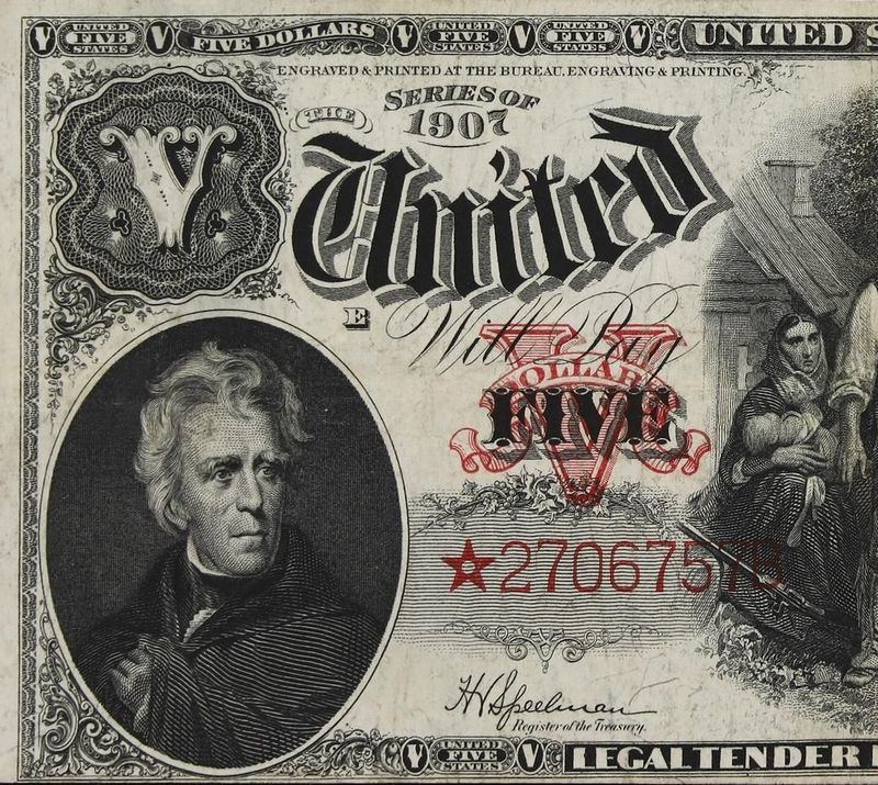 1907 $5 Legal Tender Woodchopper STAR Note Fr.91 PMG 25 1907 $5 Legal Tender Woodchopper STAR Note Fr.91 PMG 25