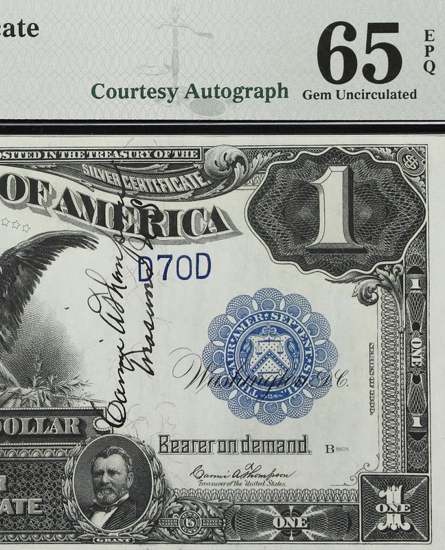 1899 $1 Silver Certificate Fr. 231 PMG Gem UNC 65 EPQ SN 70 Courtesy Autograph 1899 $1 Silver Certificate Fr. 231 PMG Gem UNC 65 EPQ SN 70 Courtesy Autograph