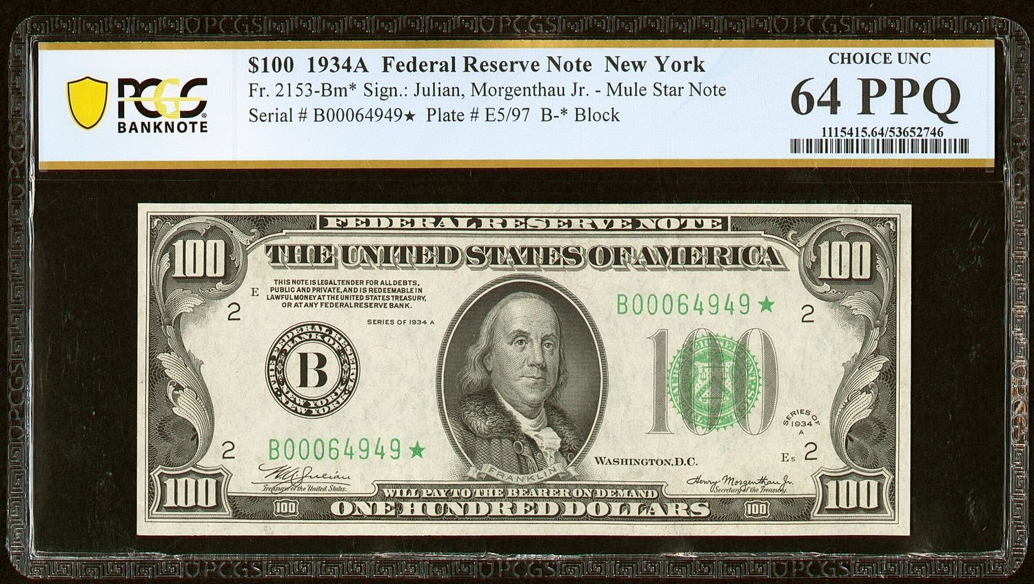 1934A $100 Federal Reserve New York ,NY **Star Note** Fr. 2153BM* PCGS 64 PPQ 1934A $100 Federal Reserve New York ,NY **Star Note** Fr. 2153BM* PCGS 64 PPQ