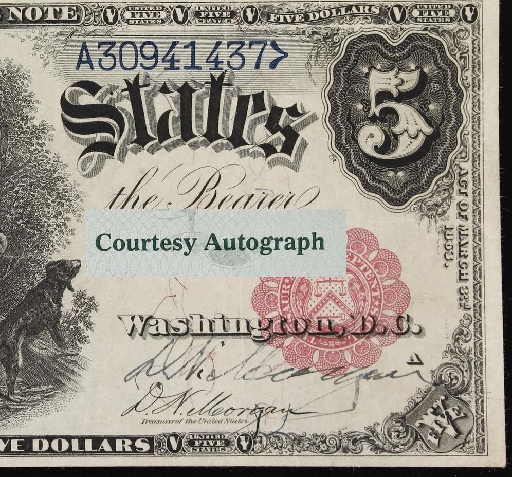 $5 1880 Legal Tender Woodchopper- Fr.80 PMG 30 With Courtesy Autograph $5 1880 Legal Tender Woodchopper- Fr.80 PMG 30 With Courtesy Autograph
