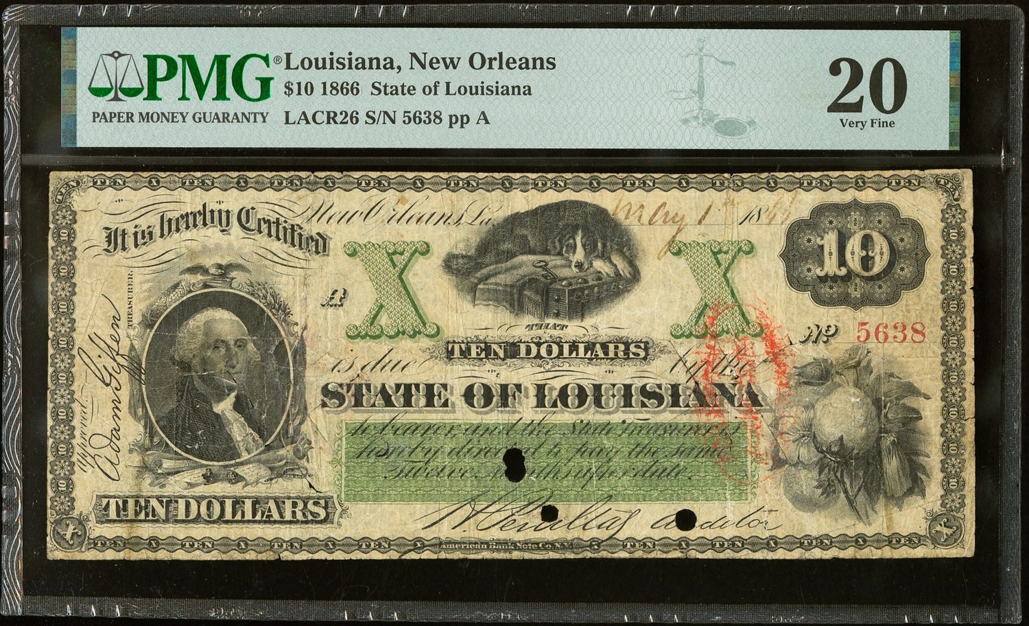 $20 1866 State of Louisiana, Louisiana, New Orleans Ornate Green Obsolete PMG 20 $20 1866 State of Louisiana, Louisiana, New Orleans Ornate Green Obsolete PMG 20