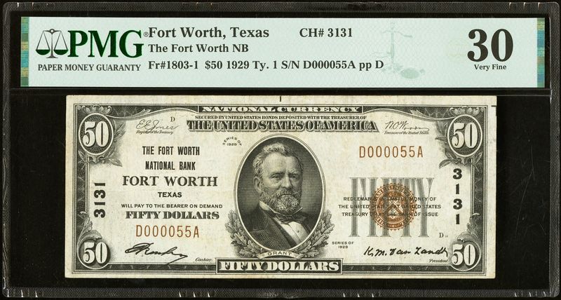 1929 $50 The Fort Worth National Bank of Fort Worth, Tx CH # 3131 PMG 30 1929 $50 The Fort Worth National Bank of Fort Worth, Tx CH # 3131 PMG 30
